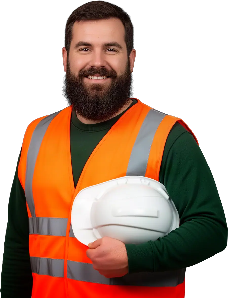 Bearded man in an orange safety vest over a green thermal shirt holding a white hard hat under his arm