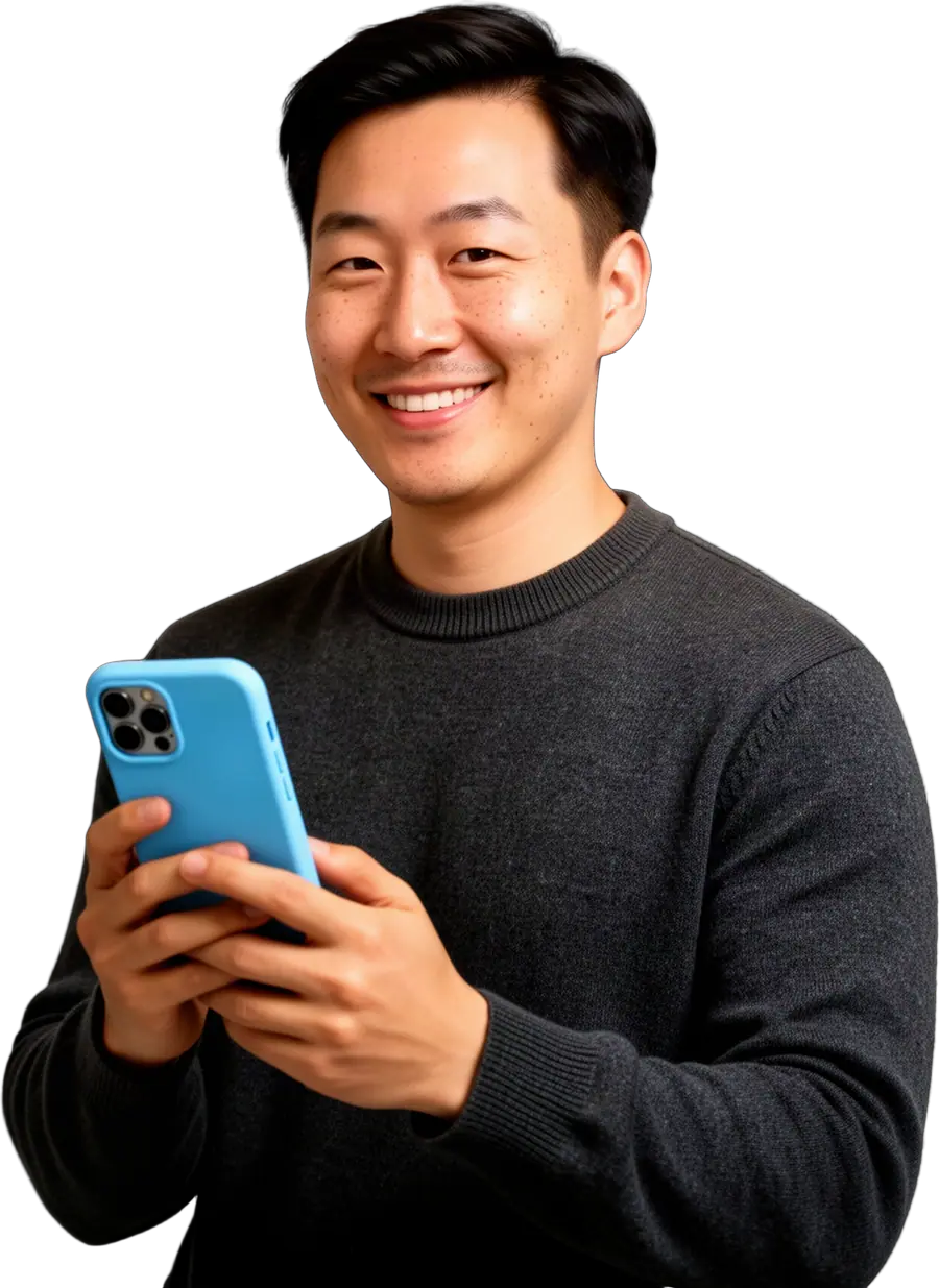Smiling man with short black hair in a charcoal crew-neck sweater holding a sky-blue phone in both hands