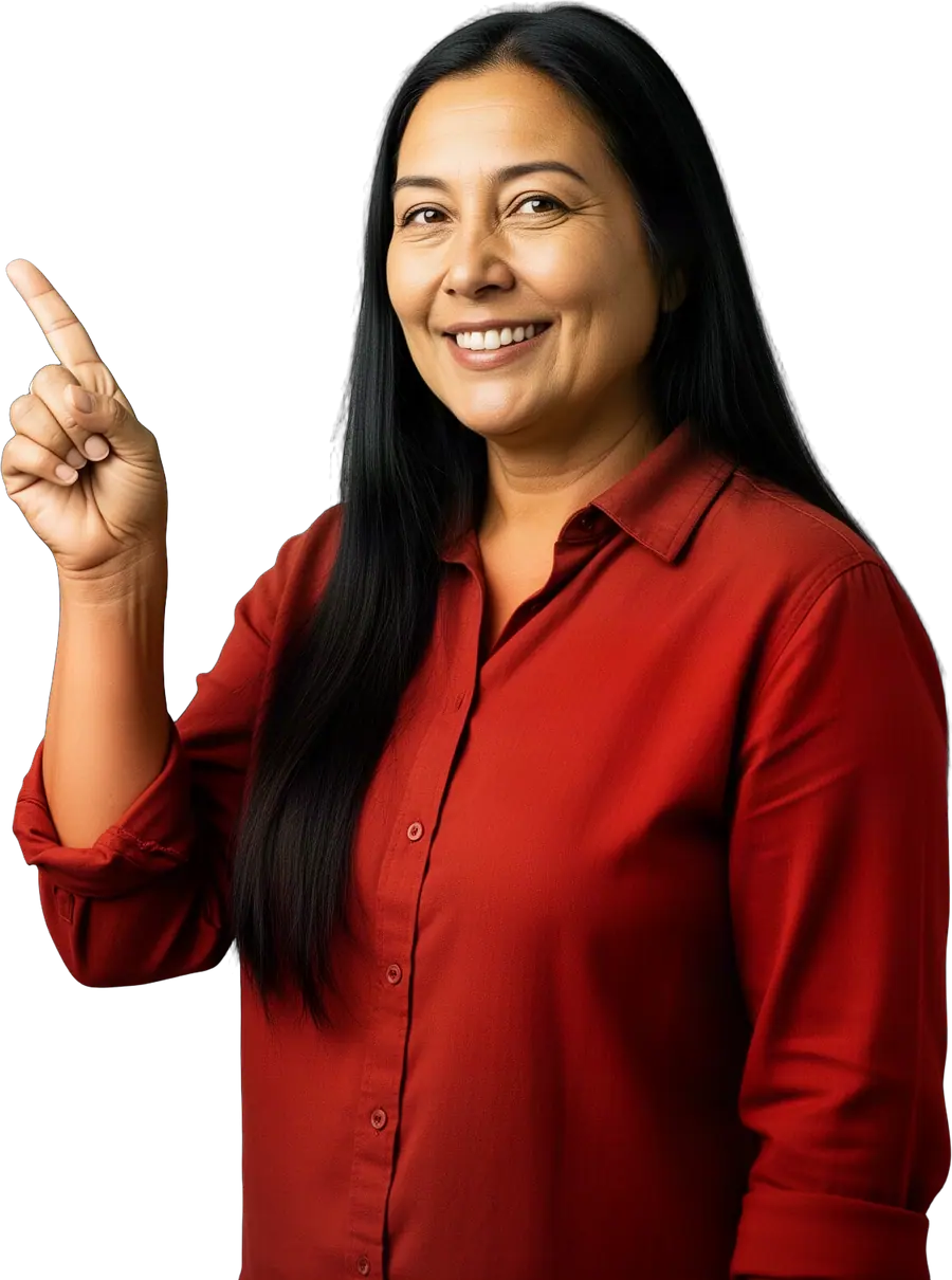 Smiling woman with long straight black hair in a rust-red button-up shirt pointing up and to the left