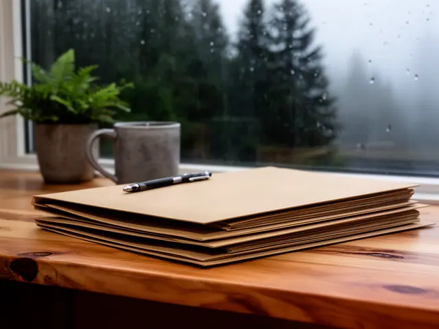 Stack of closed kraft folders with a black pen on a cedar desk by a rainy window with misty evergreens